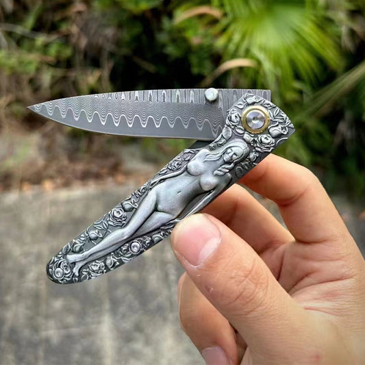 Vintage Engraved Damascus Folding Pocket Collectible EDC Tool