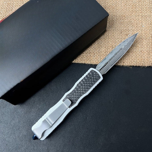 Damascus Steel Carbon Fiber Inlay Aluminum Pocket EDC Outdoor Tool