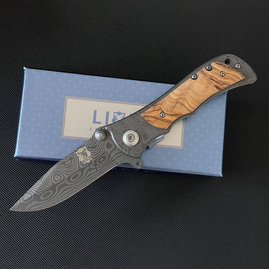 Liome 339 Damascus‑Pattern Wood Handle Folding EDC Tool