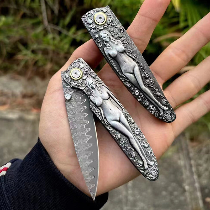 Vintage Engraved Damascus Folding Pocket Collectible EDC Tool