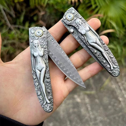 Vintage Engraved Damascus Folding Pocket Collectible EDC Tool