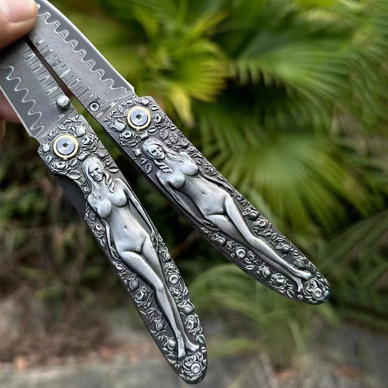 Vintage Engraved Damascus Folding Pocket Collectible EDC Tool