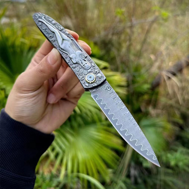 Vintage Engraved Damascus Folding Pocket Collectible EDC Tool