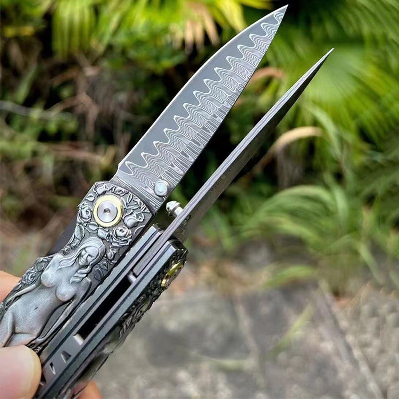 Vintage Engraved Damascus Folding Pocket Collectible EDC Tool