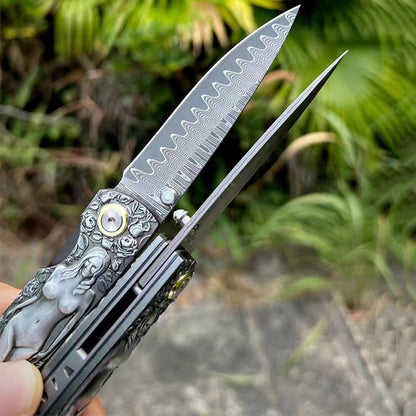 Vintage Engraved Damascus Folding Pocket Collectible EDC Tool