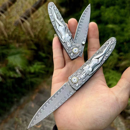 Vintage Engraved Damascus Folding Pocket Collectible EDC Tool