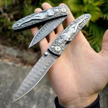 Vintage Engraved Damascus Folding Pocket Collectible EDC Tool