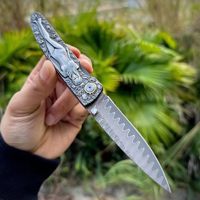 Vintage Engraved Damascus Folding Pocket Collectible EDC Tool