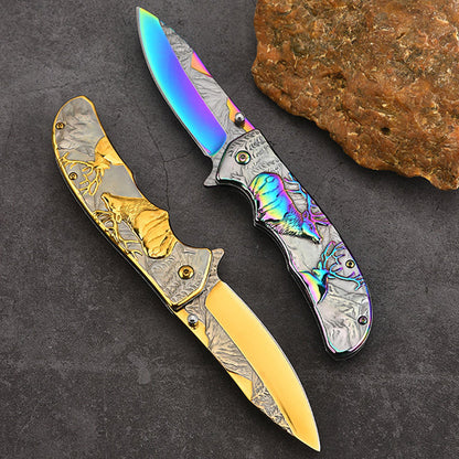 Embossed Deer Handle Folding Outdoor Pocket Colorful Tool