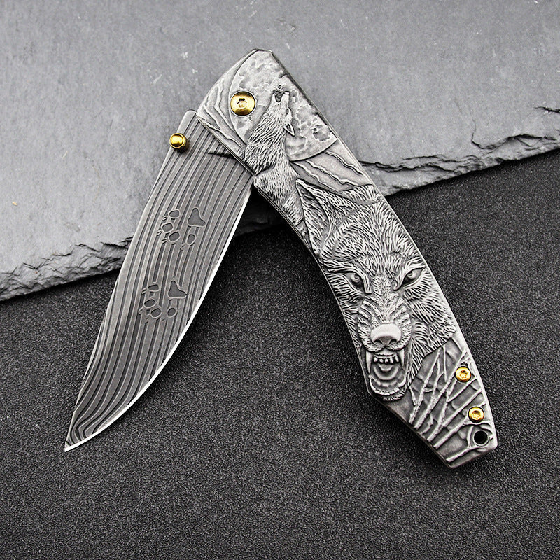 Wolf‑Embossed Handle Folding Collectible Pocket EDC Tool