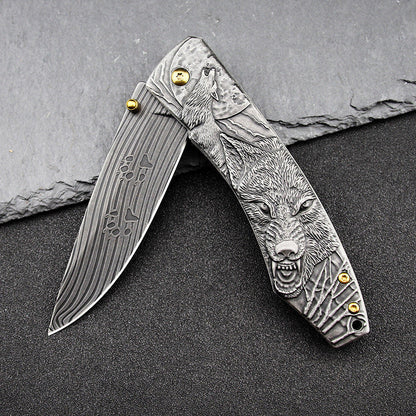 Wolf‑Embossed Handle Folding Collectible Pocket EDC Tool