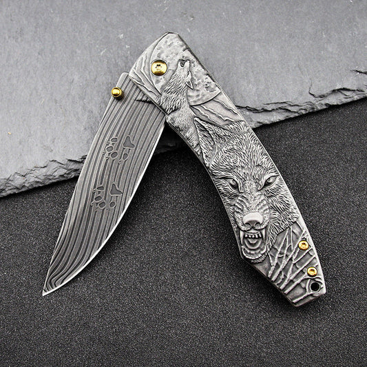 Wolf‑Embossed Handle Folding Collectible Pocket EDC Tool