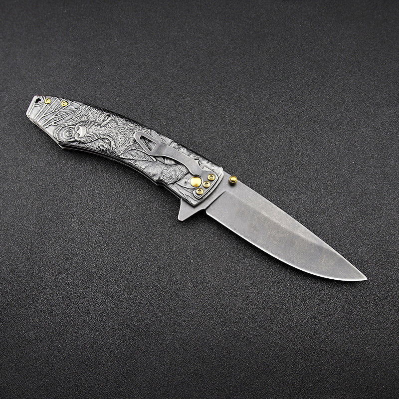 Wolf‑Embossed Handle Folding Collectible Pocket EDC Tool