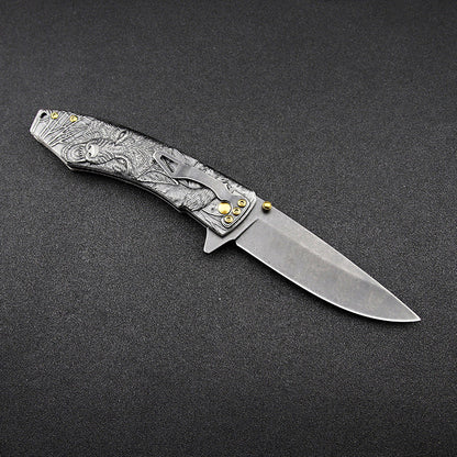 Wolf‑Embossed Handle Folding Collectible Pocket EDC Tool