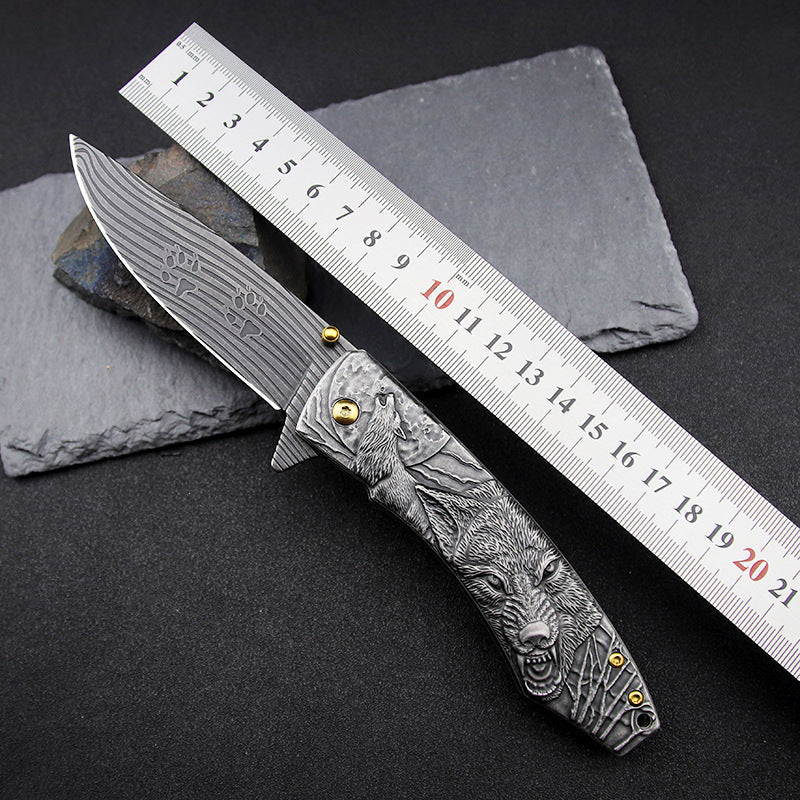 Wolf‑Embossed Handle Folding Collectible Pocket EDC Tool