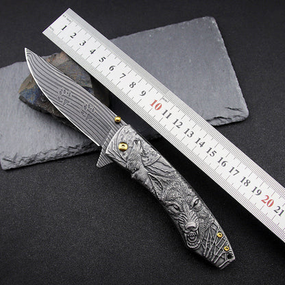 Wolf‑Embossed Handle Folding Collectible Pocket EDC Tool