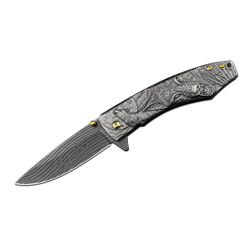 Wolf‑Embossed Handle Folding Collectible Pocket EDC Tool