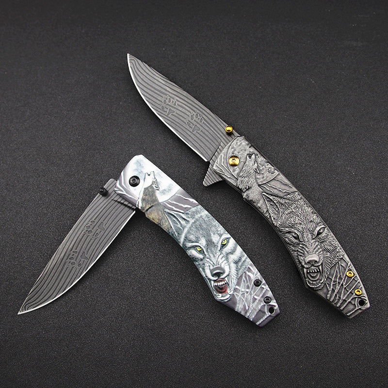Wolf‑Embossed Handle Folding Collectible Pocket EDC Tool