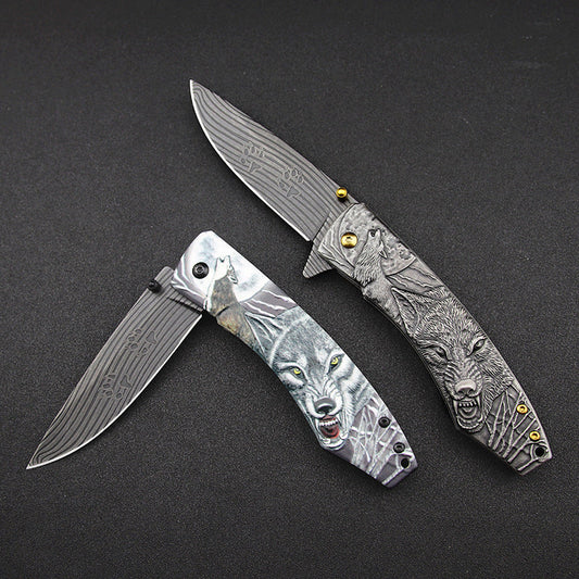 Wolf‑Embossed Handle Folding Collectible Pocket EDC Tool