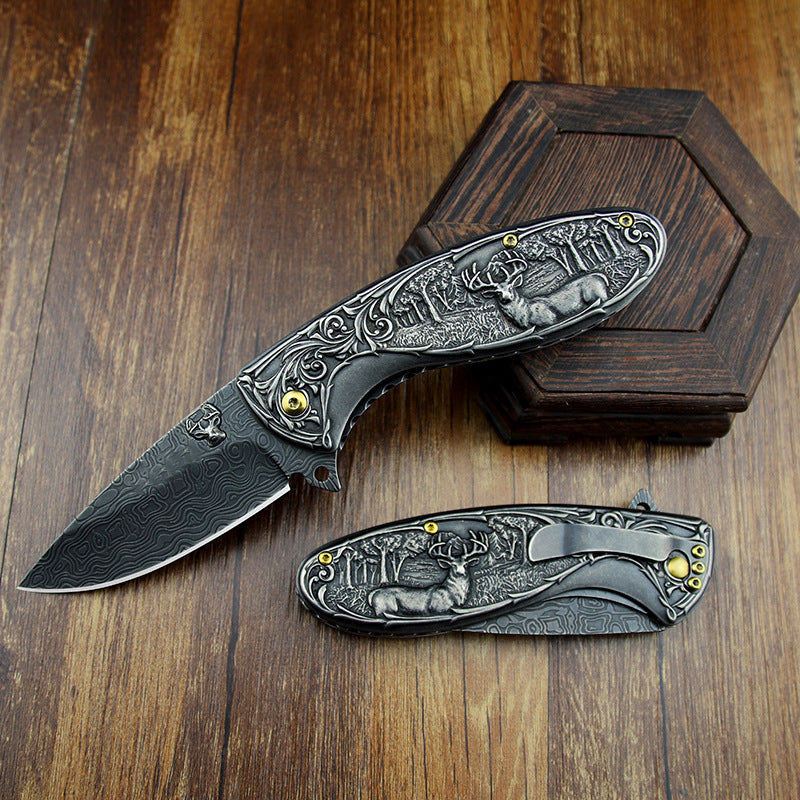 Deer‑Embossed Handle Folding Collectible EDC Ornament