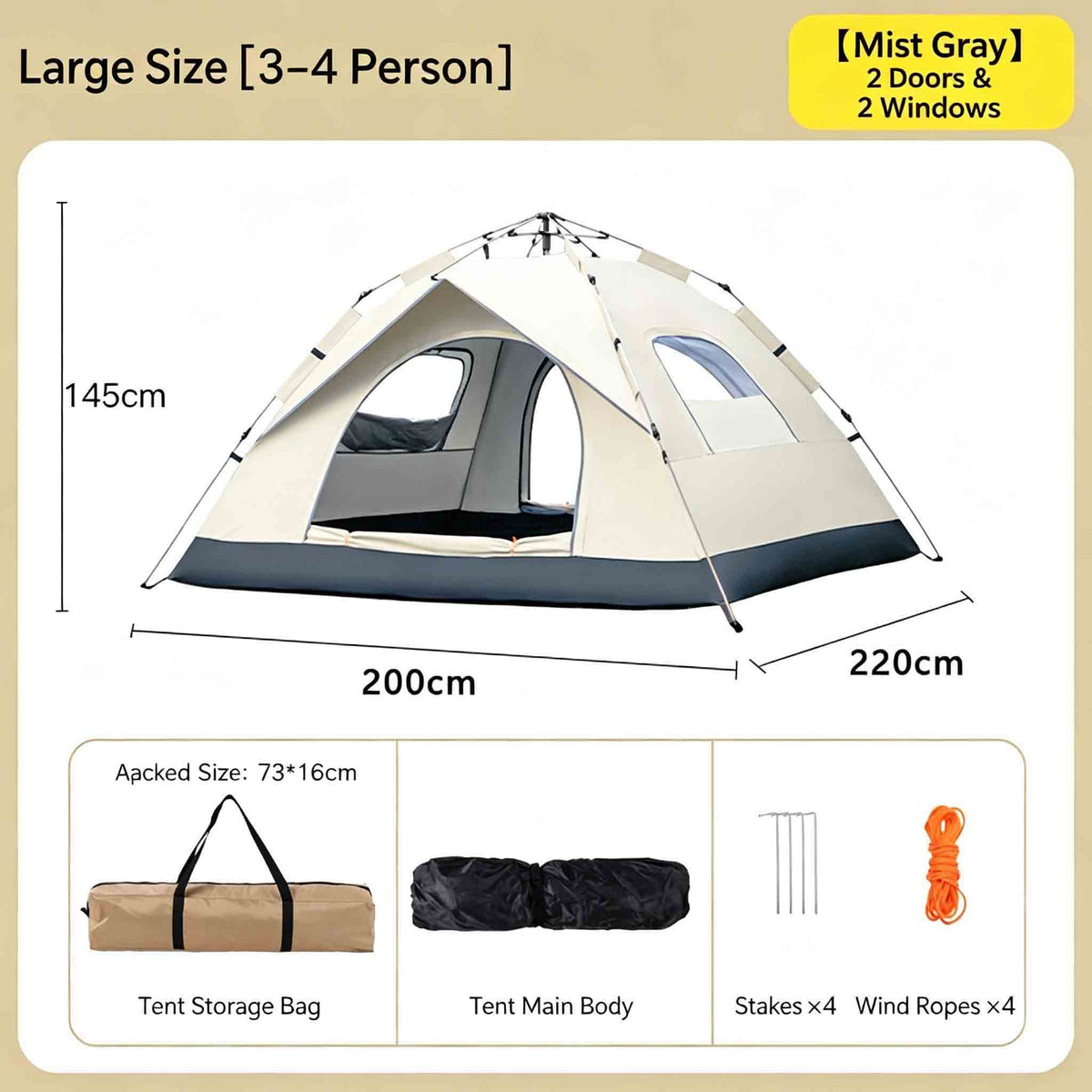 Cloud Mist Grey Foldable Instant Setup Rainproof Camping Tent