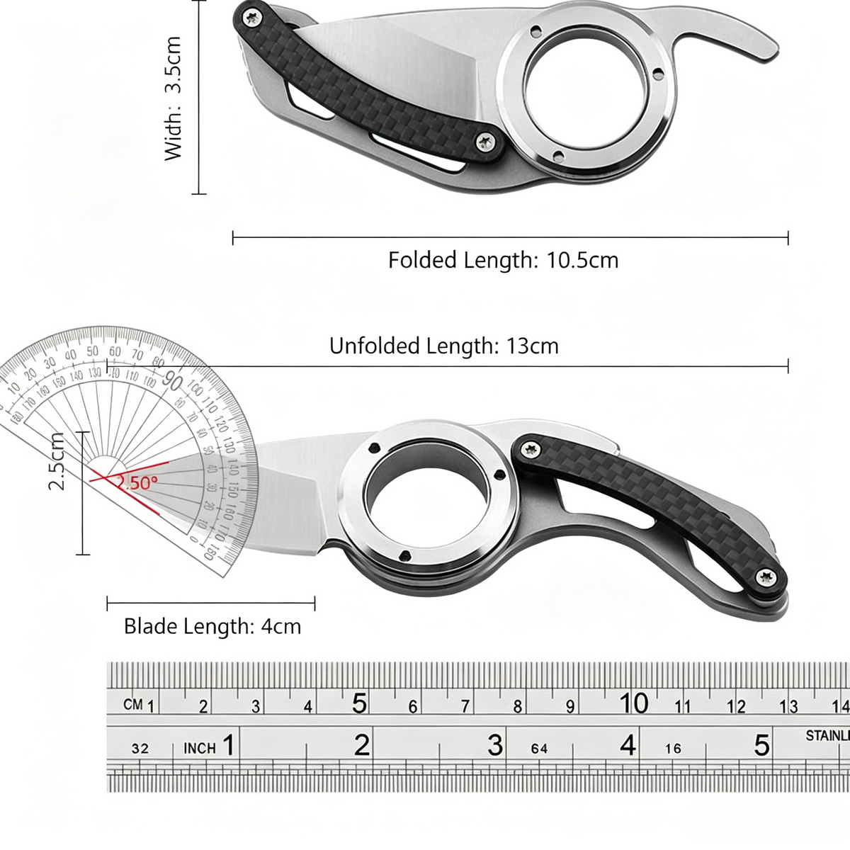 Mini ring folding knife size dimension chart blade length 4cm folded unfolded size measurement