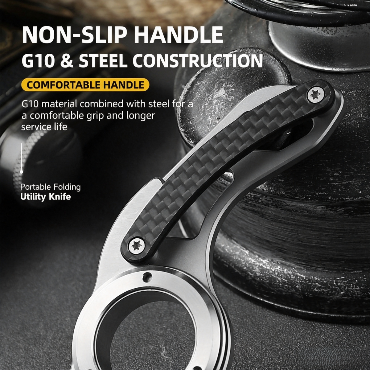 Non‑slip G10 handle close‑up mini finger ring folding EDC pocket knife steel construction