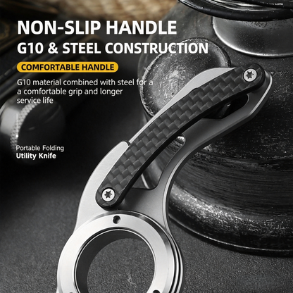 Non‑slip G10 handle close‑up mini finger ring folding EDC pocket knife steel construction