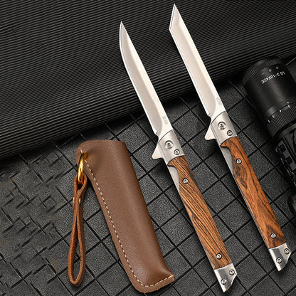 Wood Handle Folding Damascus Pattern Pocket Tool