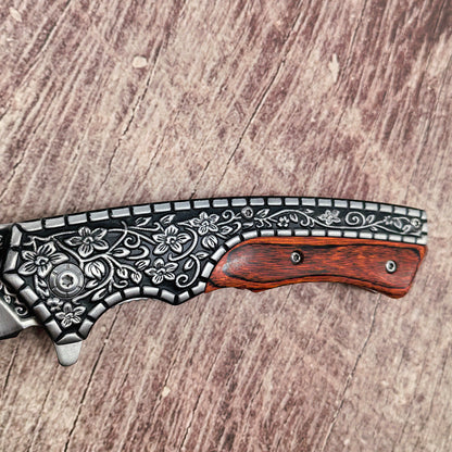 J21 440‑Steel Carved Wood‑Handle Folding Outdoor EDC Utility Tool