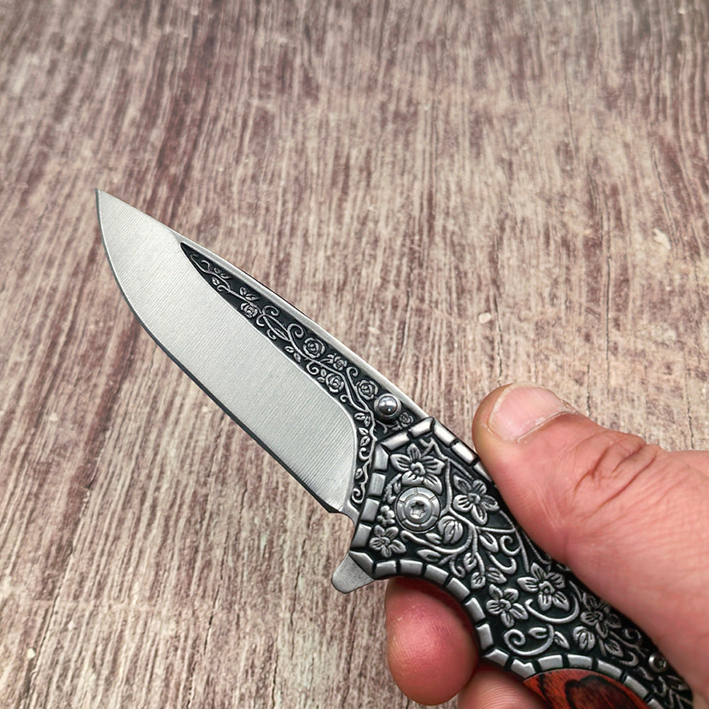 J21 440‑Steel Carved Wood‑Handle Folding Outdoor EDC Utility Tool