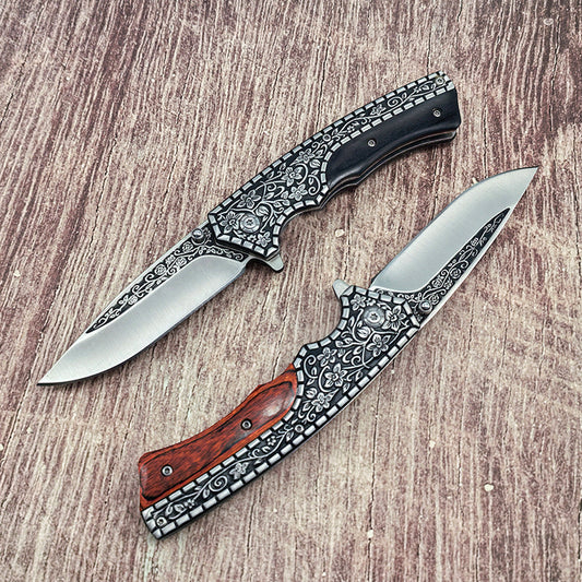 J21 440‑Steel Carved Wood‑Handle Folding Outdoor EDC Utility Tool