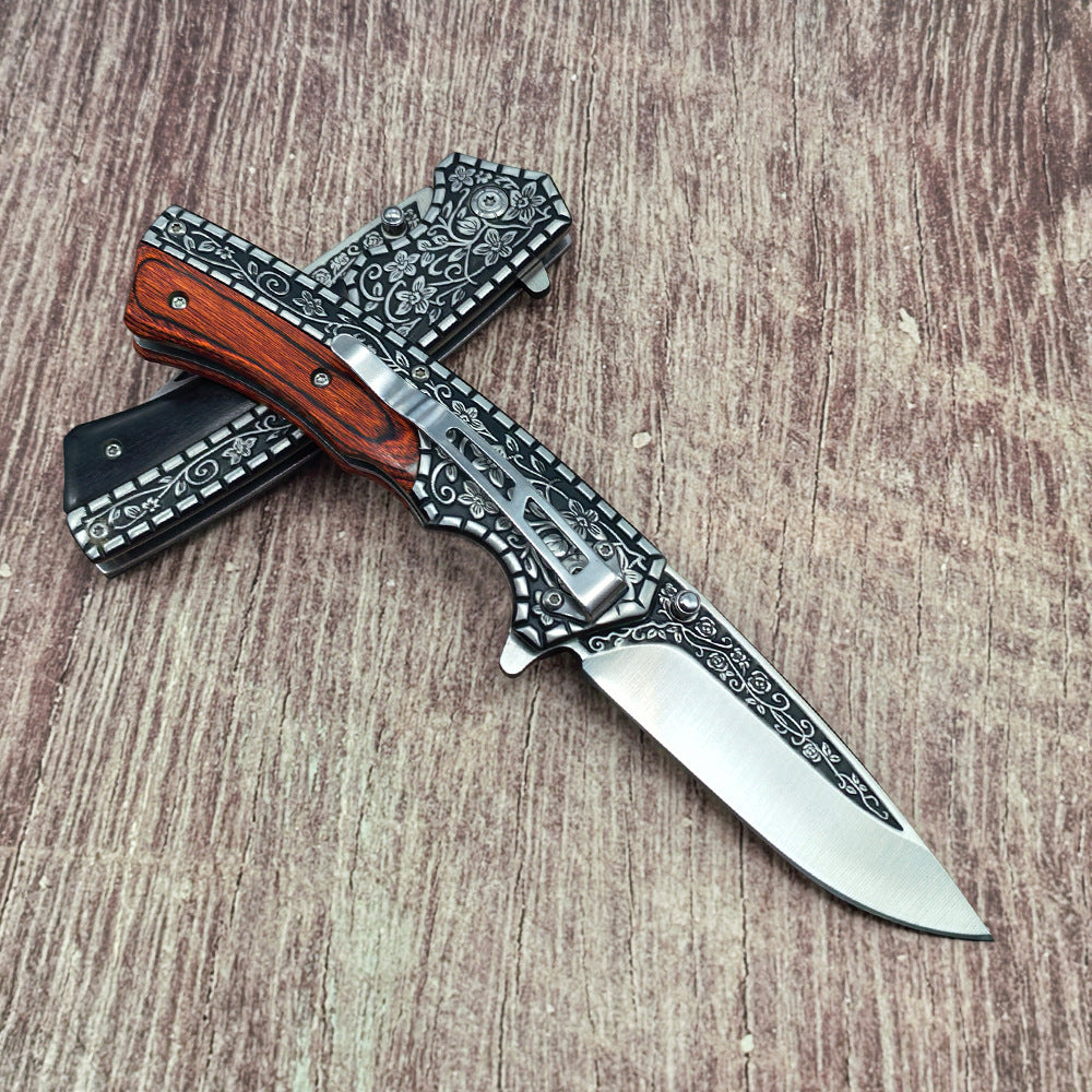 J21 440‑Steel Carved Wood‑Handle Folding Outdoor EDC Utility Tool