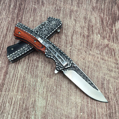 J21 440‑Steel Carved Wood‑Handle Folding Outdoor EDC Utility Tool
