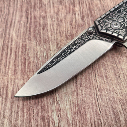 J21 440‑Steel Carved Wood‑Handle Folding Outdoor EDC Utility Tool