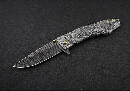 Wolf‑Embossed Handle Folding Collectible Pocket EDC Tool