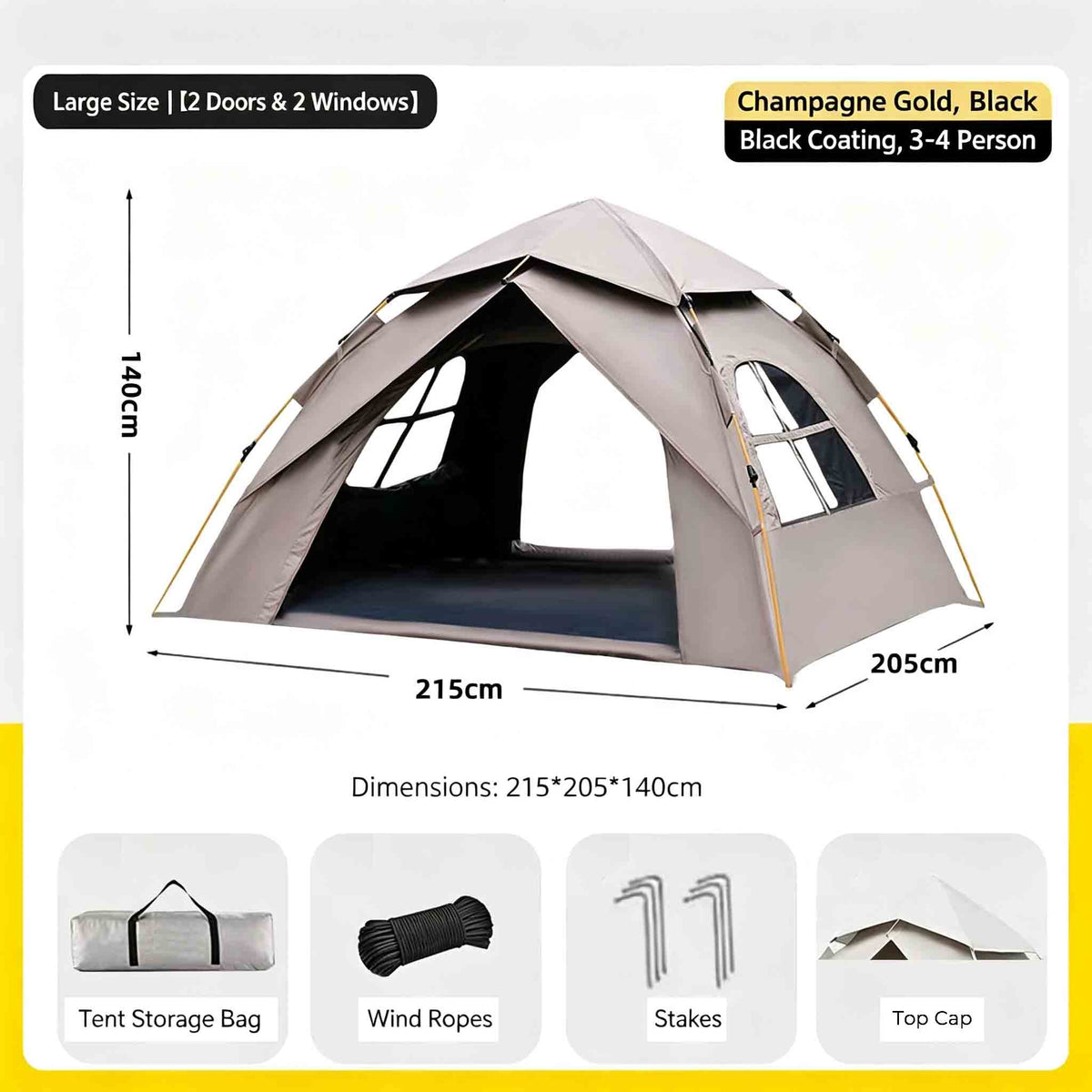 Champagne Foldable Instant Setup Rainproof Camping Tent