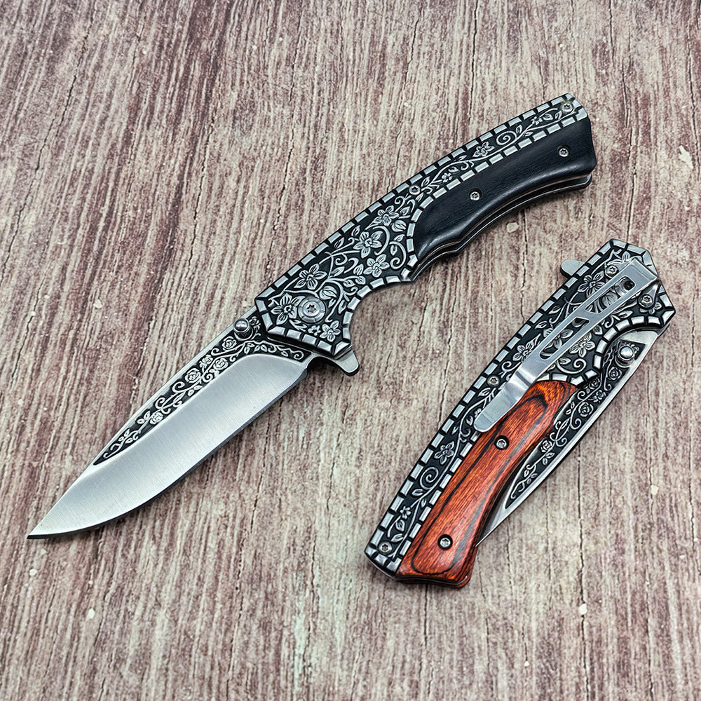 J21 440‑Steel Carved Wood‑Handle Folding Outdoor EDC Utility Tool