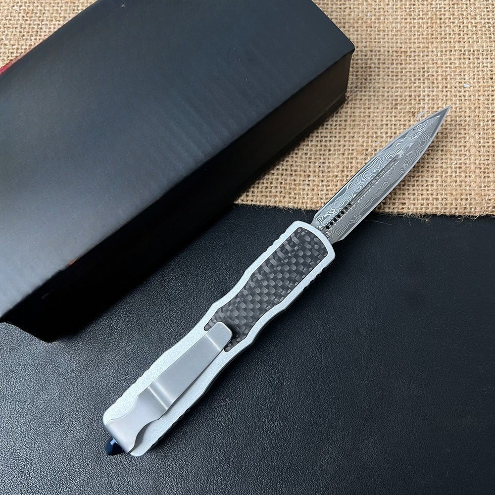 Damascus Steel Carbon Fiber Inlay Aluminum Pocket EDC Outdoor Tool