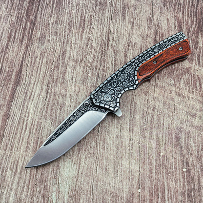 J21 440‑Steel Carved Wood‑Handle Folding Outdoor EDC Utility Tool