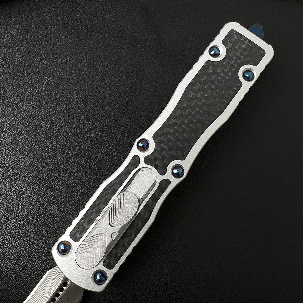 Damascus Steel Carbon Fiber Inlay Aluminum Pocket EDC Outdoor Tool