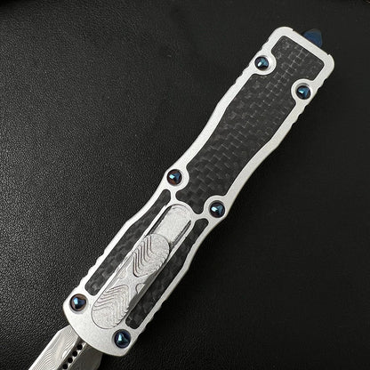 Damascus Steel Carbon Fiber Inlay Aluminum Pocket EDC Outdoor Tool