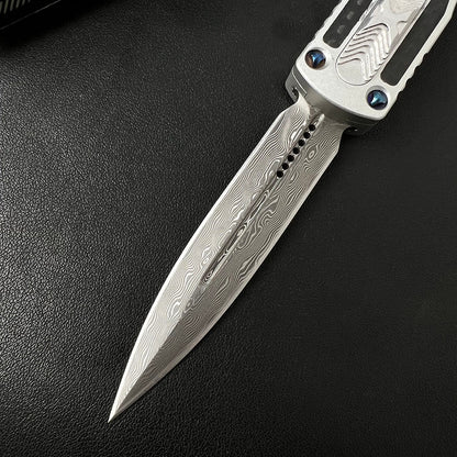 Damascus Steel Carbon Fiber Inlay Aluminum Pocket EDC Outdoor Tool