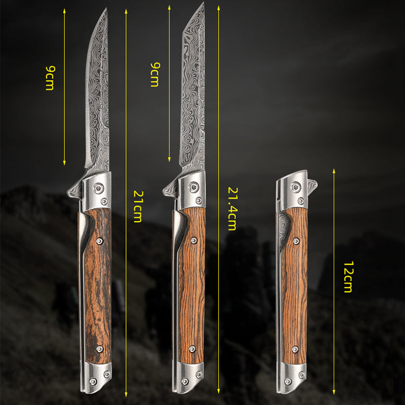Wood Handle Folding Damascus Pattern Pocket Tool