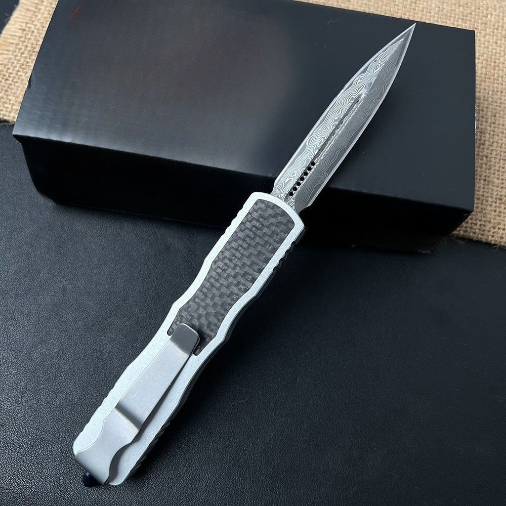 Damascus Steel Carbon Fiber Inlay Aluminum Pocket EDC Outdoor Tool