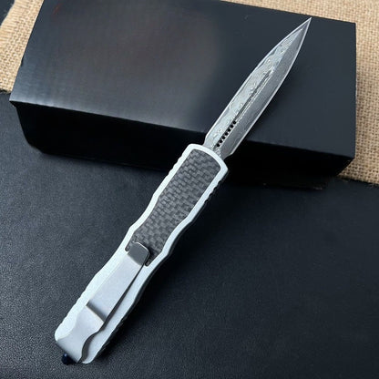 Damascus Steel Carbon Fiber Inlay Aluminum Pocket EDC Outdoor Tool