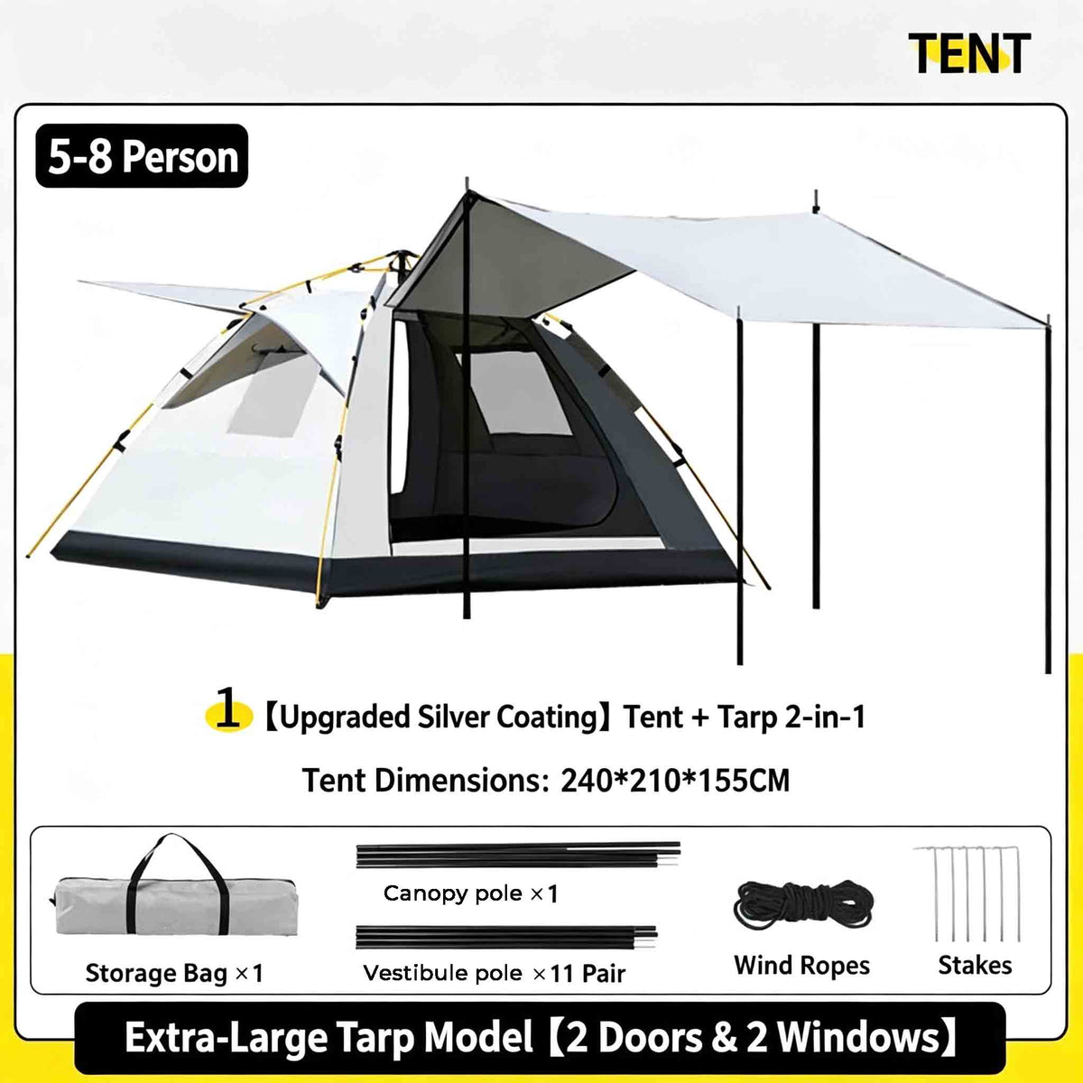 Extra-Large Canopy Style Foldable Instant Setup Rainproof Camping Tent