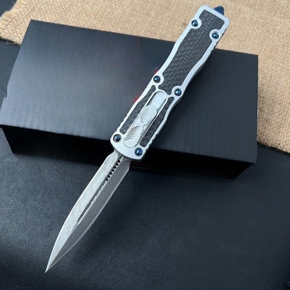 Damascus Steel Carbon Fiber Inlay Aluminum Pocket EDC Outdoor Tool